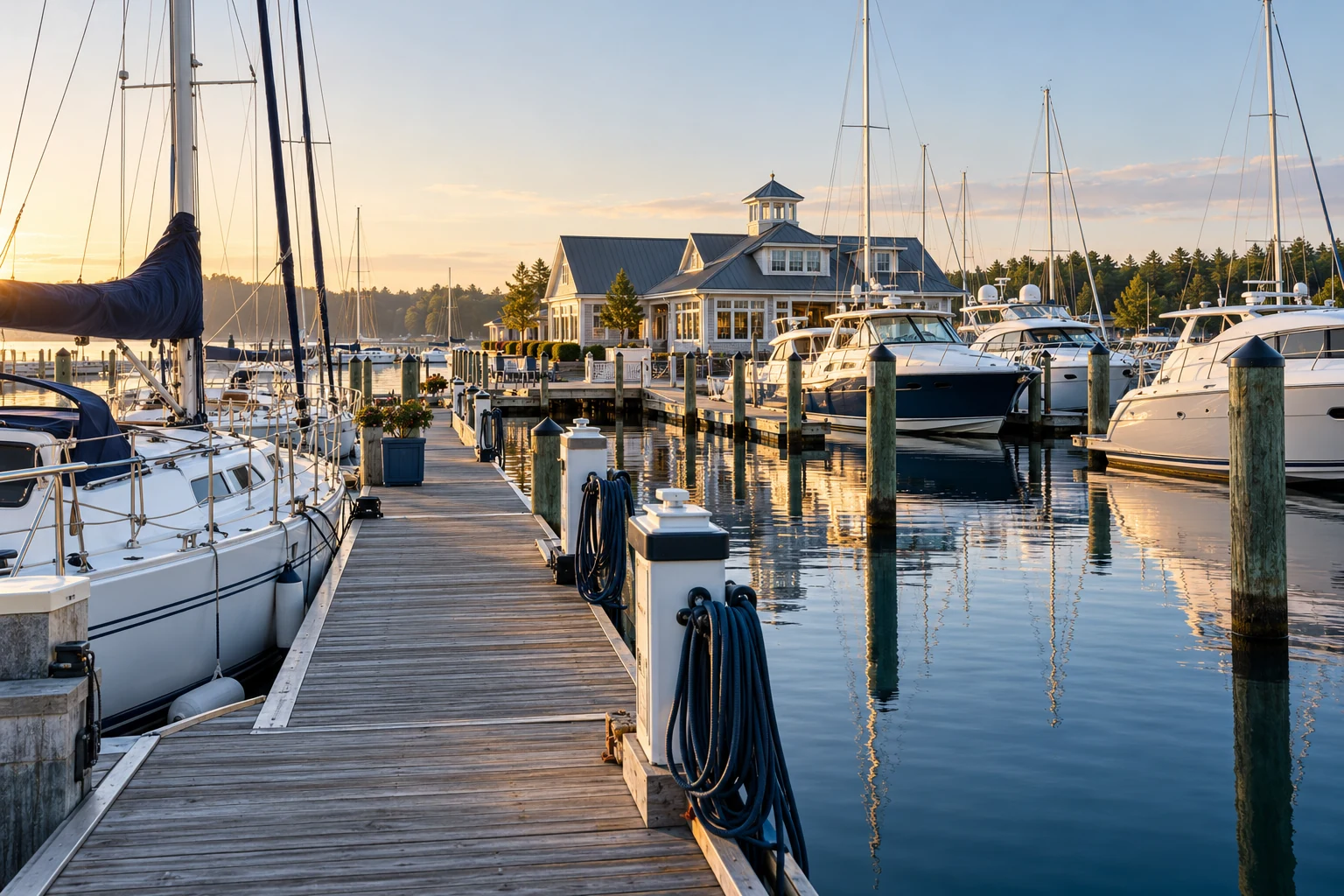 Orderly marina slips, sailboats, motor yachts, and a waterfront marina building